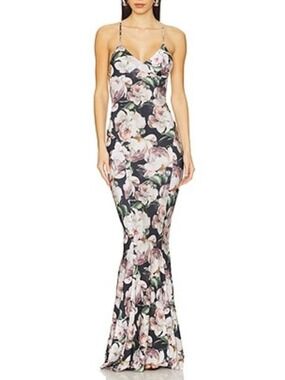 Norma Kamali Low Back Slip Fishtail Gown Peony Black Floral L